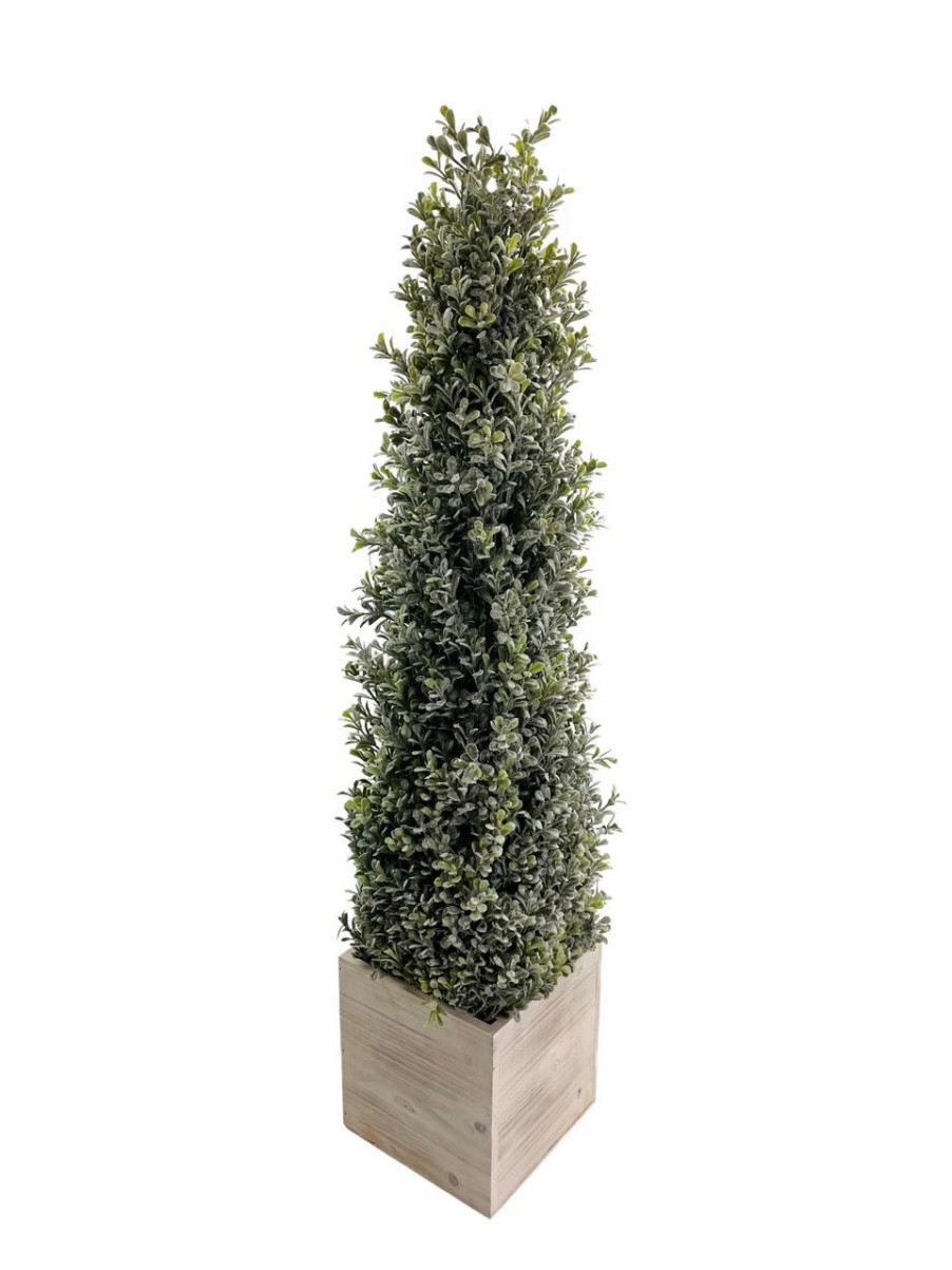 Artificial Florals & Plants * | Topiary Flocked Boxwood Cone In Square Wood Planter 34