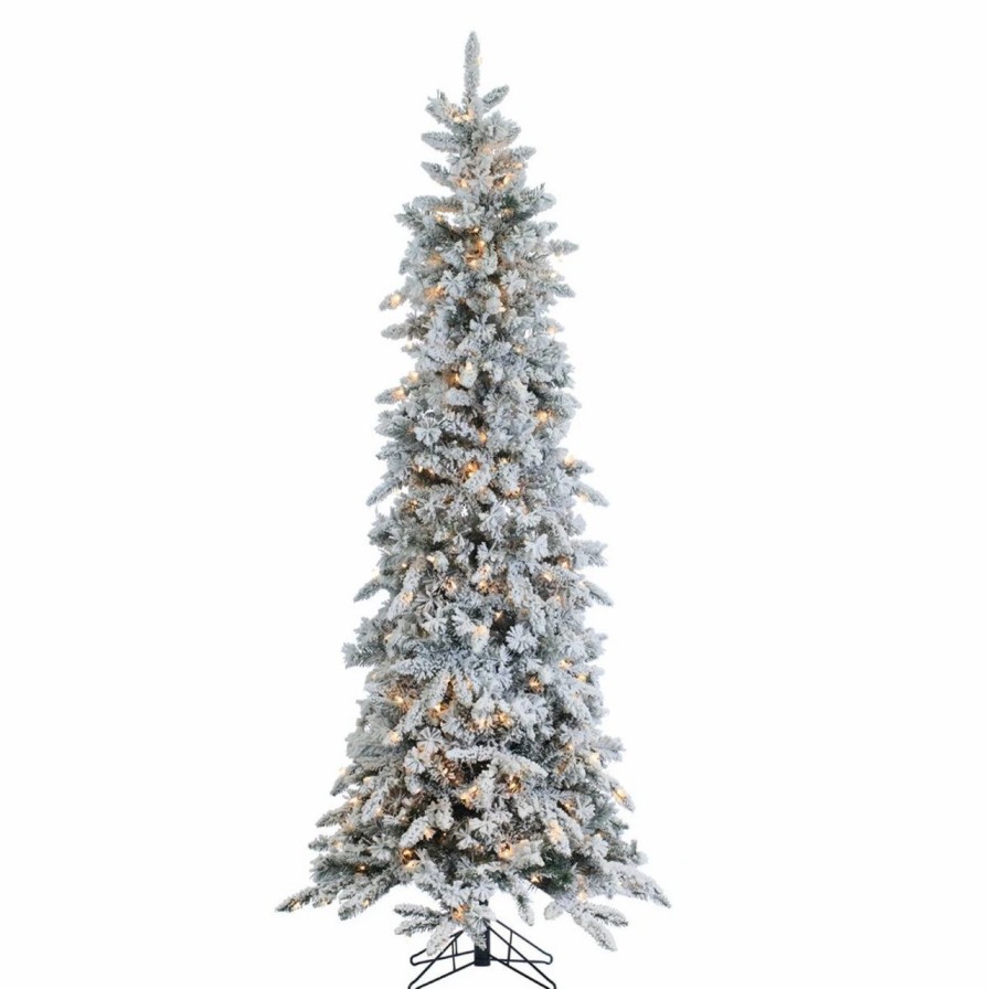 Seasonal * | 9 Prelit Narrow Flocked Pencil Pine Artificial Christmas Tree