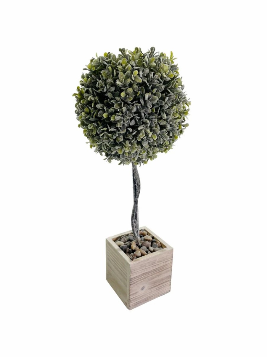 Artificial Florals & Plants * | Topiary Flocked Boxwood Single Ball Topiary In Square Wood Planter 18