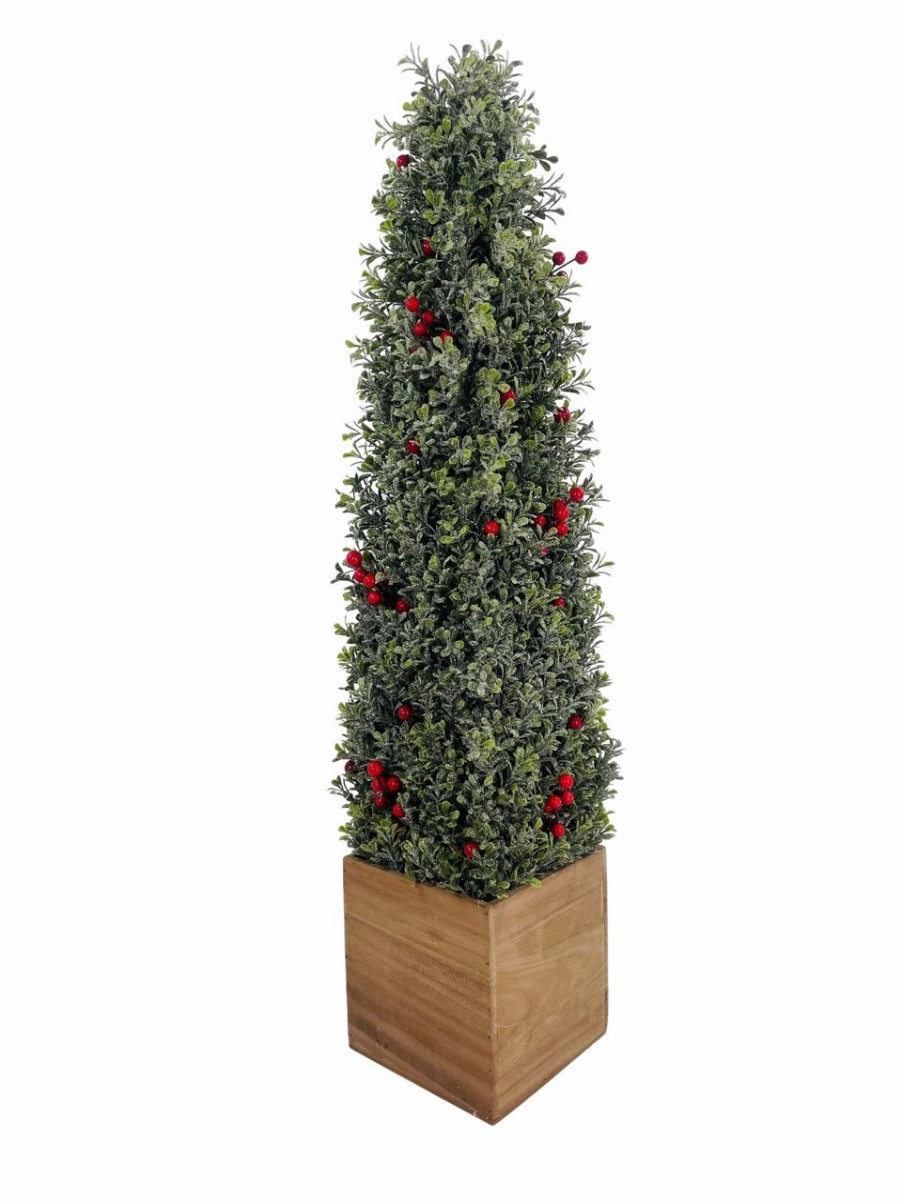 Artificial Florals & Plants * | Topiary Iced Boxwood Cone With Berries In Square Planter 36