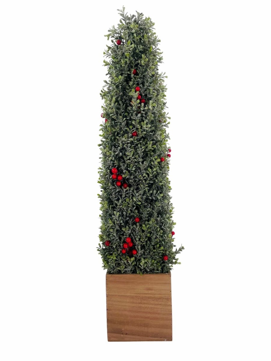 Artificial Florals & Plants * | Topiary Iced Boxwood Cone With Berries In Square Planter 36