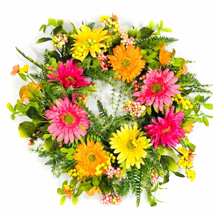 Artificial Florals & Plants * | Pink/Yellow/Orange Artificial Gerber Daisy Wreath On Natural Twig Base 24