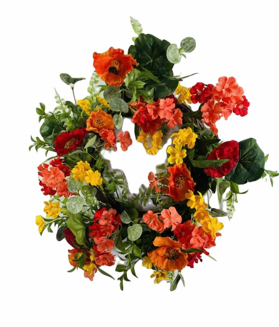 Artificial Florals & Plants * | Poppy Geranium Wildflower Artificial Wreath On Natural Vine 20