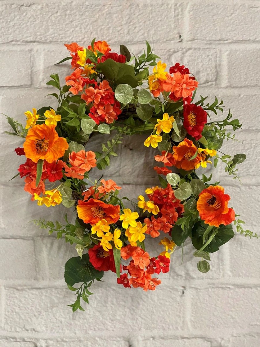 Artificial Florals & Plants * | Poppy Geranium Wildflower Artificial Wreath On Natural Vine 20