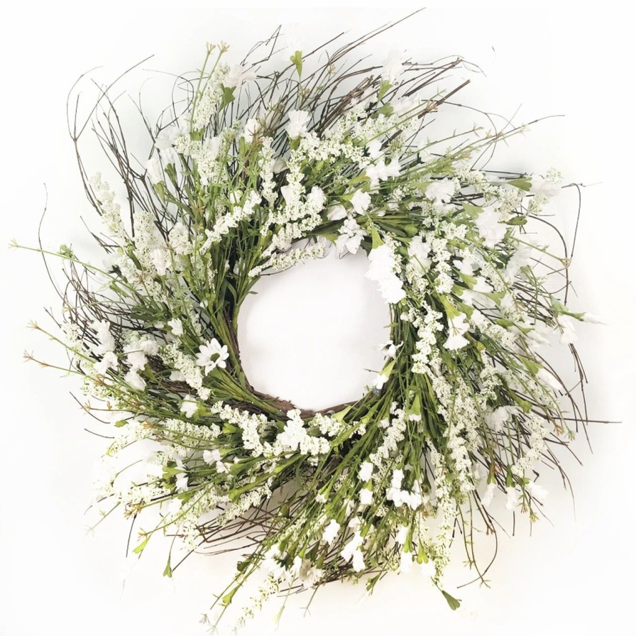 Artificial Florals & Plants * | White Artificial Lavender Wreath On Natural Twig Base 24