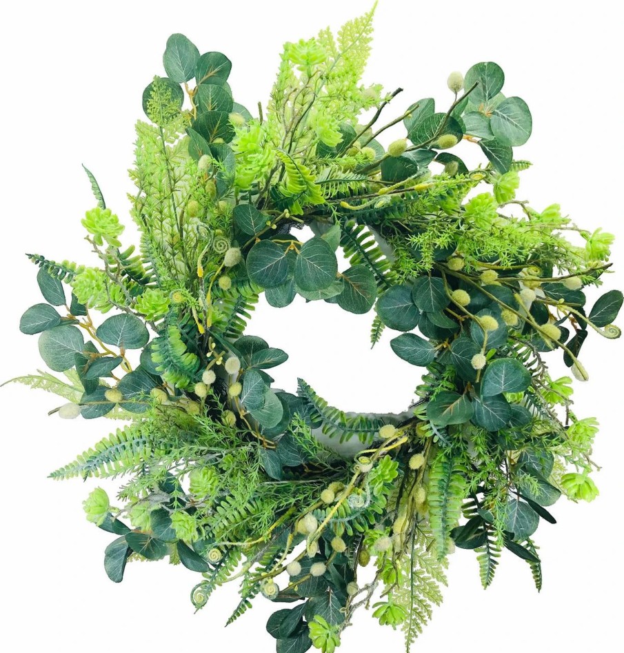 Artificial Florals & Plants * | Mixed Fern Eucalyptus Leaf Artificial Wreath 24 Round