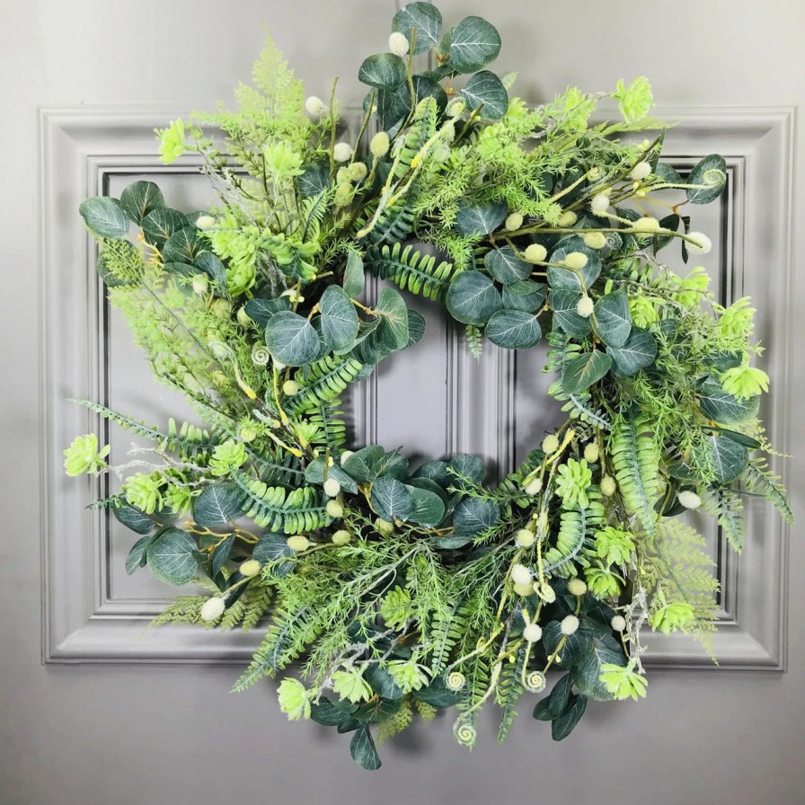 Artificial Florals & Plants * | Mixed Fern Eucalyptus Leaf Artificial Wreath 24 Round