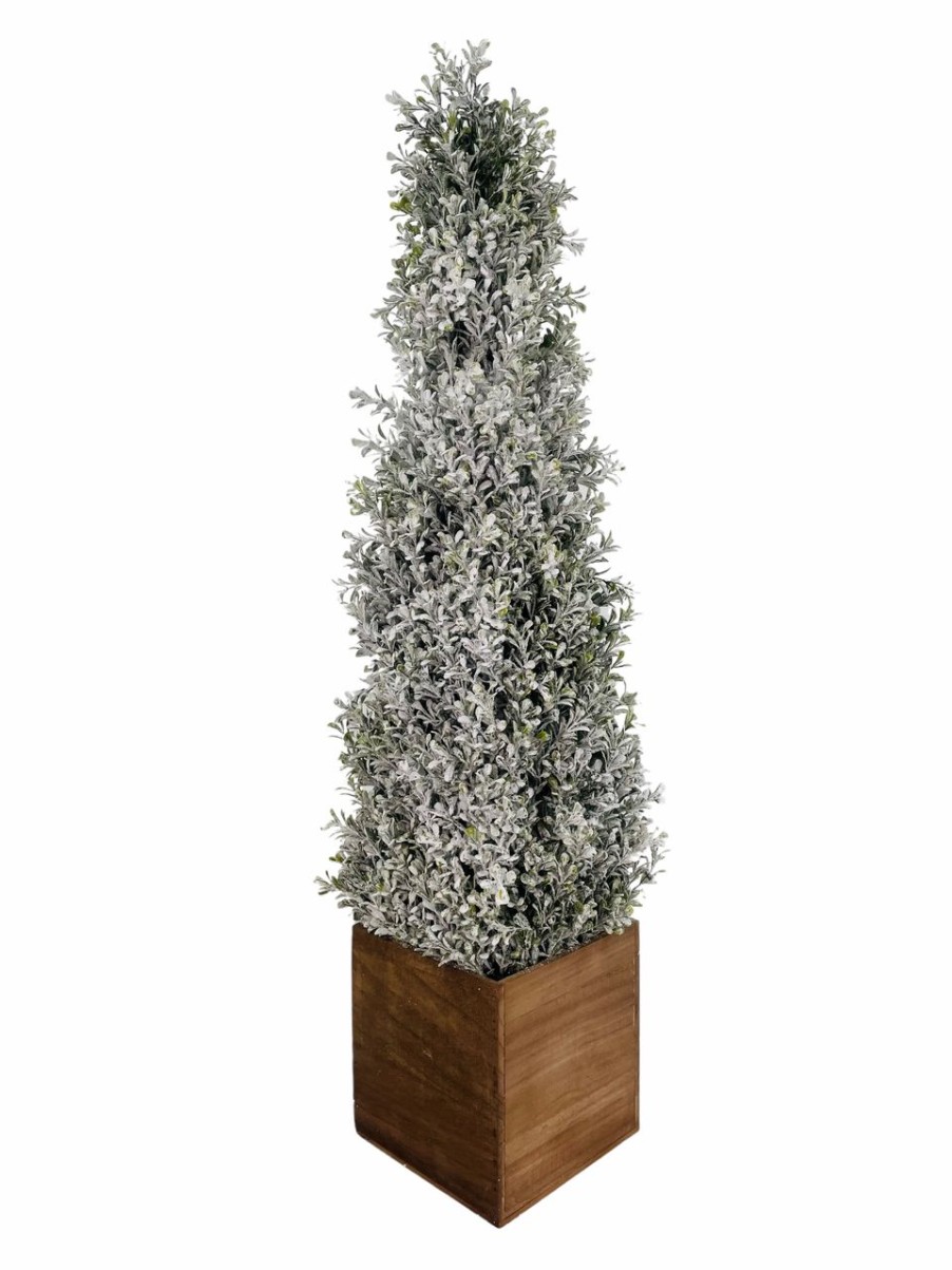 Artificial Florals & Plants * | Topiary Snowy Boxwood Cone In Square Planter 36