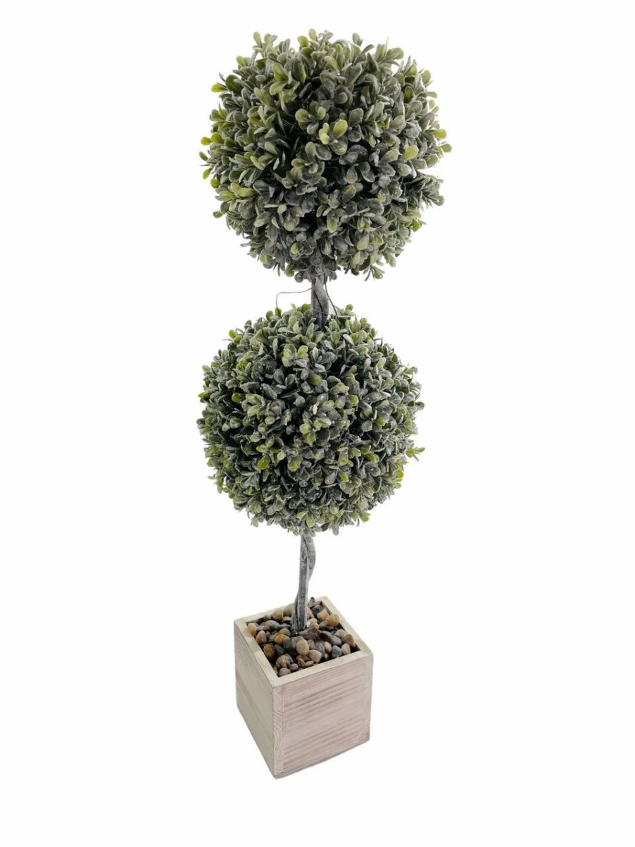 Artificial Florals & Plants * | Topiary Flocked Boxwood Double Ball Topiary In Square Wood Planter 23