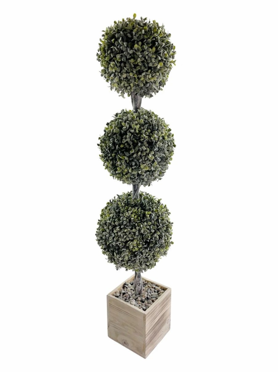 Artificial Florals & Plants * | Topiary Flocked Boxwood Triple Ball Topiary In Square Wood Planter 36