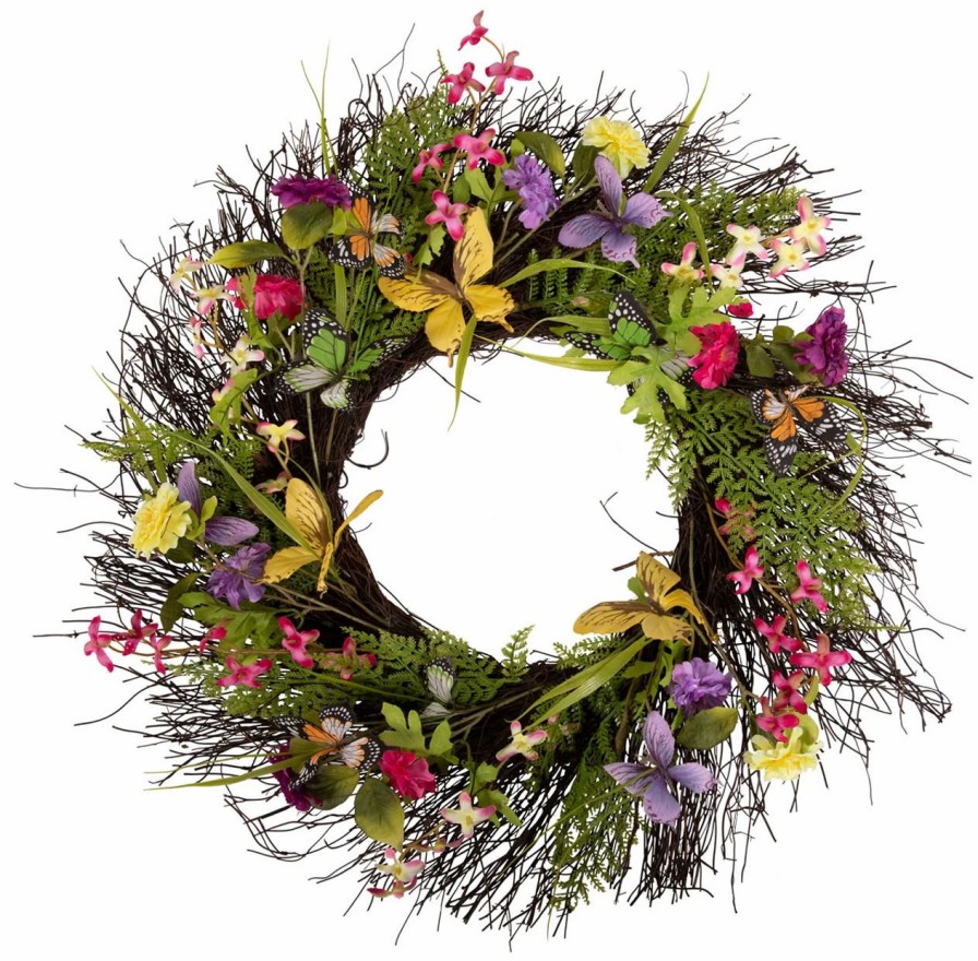 Artificial Florals & Plants * | Arty 24 Butterfly Flower Wreath On Natural Twig Base