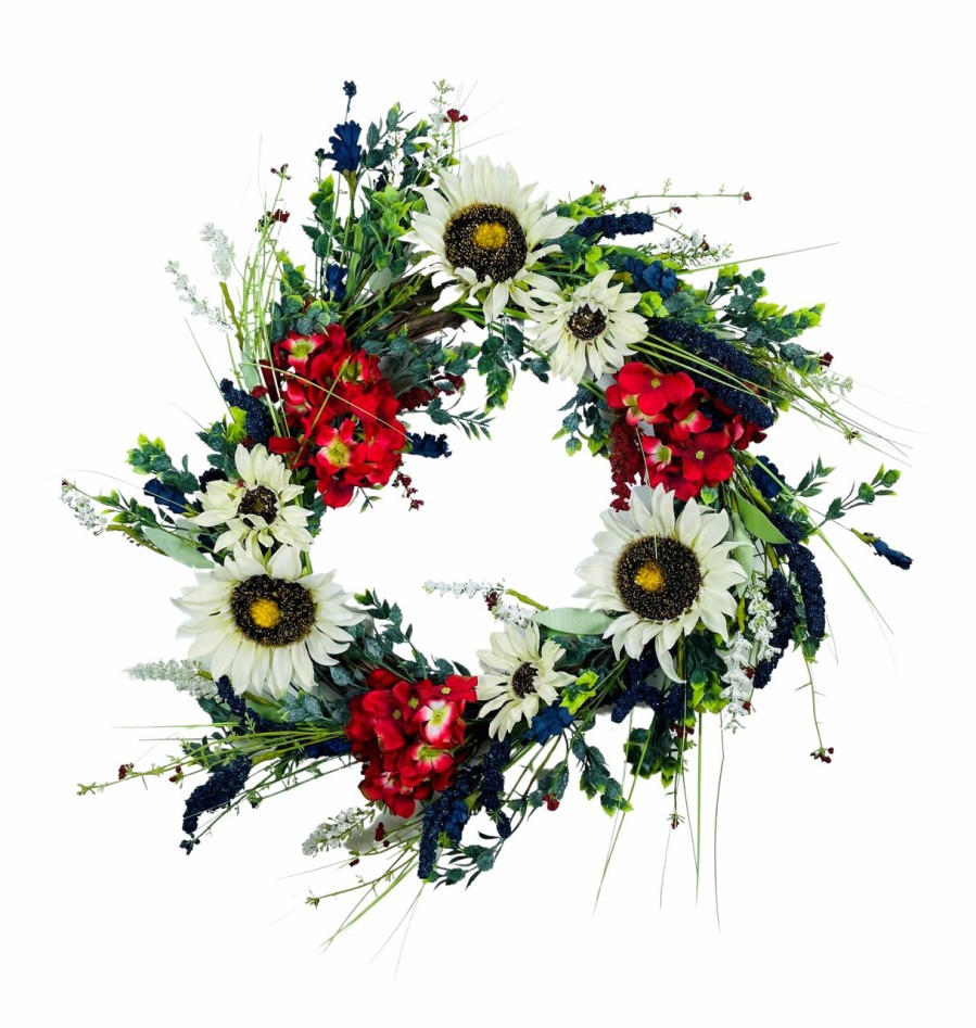 Artificial Florals & Plants * | Patriotic Sunflower Hydrangea Wreath On Natural Willow Base Red White Blue 24