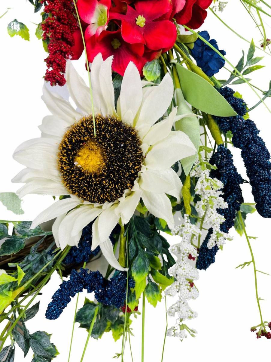 Artificial Florals & Plants * | Patriotic Sunflower Hydrangea Wreath On Natural Willow Base Red White Blue 24