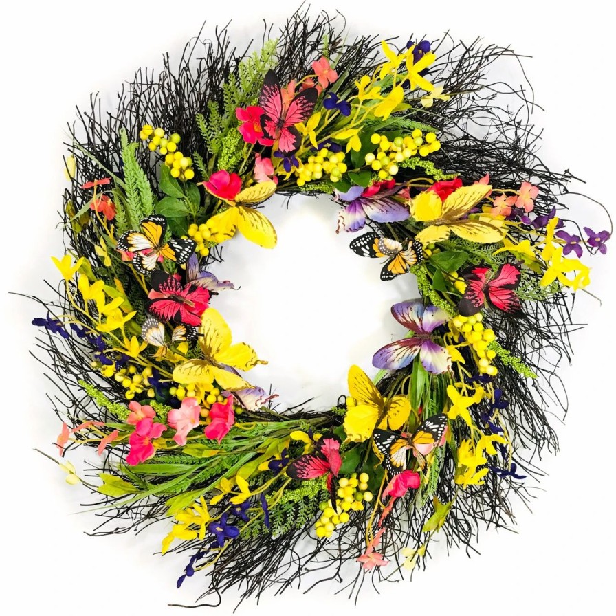 Artificial Florals & Plants * | Purple/Yellow/Pink Artificial Wreath On Natural Twig Base 24