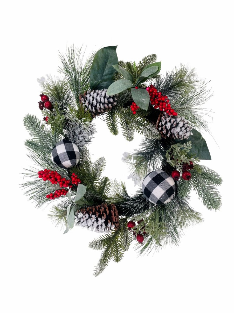 Artificial Florals & Plants * | Wreath Snowy Mixed Pine, Ornament, Cone Berry Black White 24