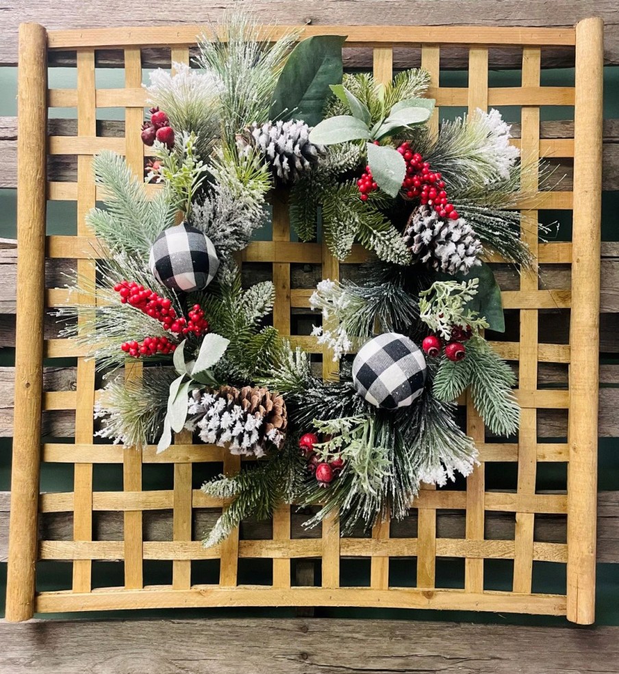 Artificial Florals & Plants * | Wreath Snowy Mixed Pine, Ornament, Cone Berry Black White 24