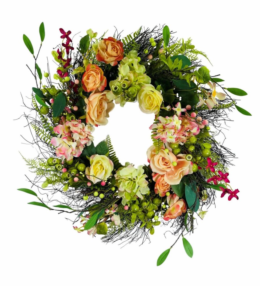 Artificial Florals & Plants * | Rose Hydrangea Wreath On Natural Twig Base Coral Pink Green 24