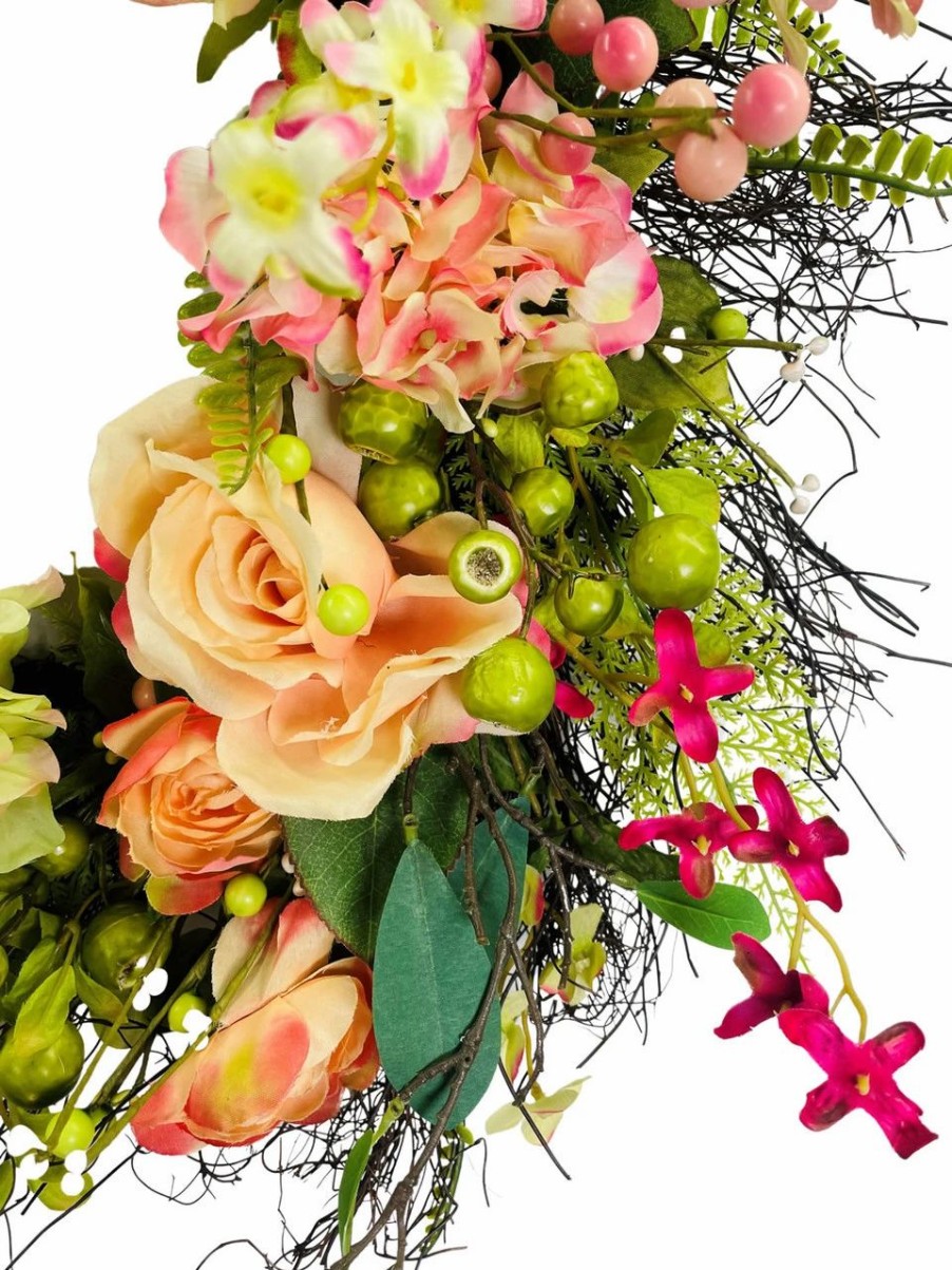 Artificial Florals & Plants * | Rose Hydrangea Wreath On Natural Twig Base Coral Pink Green 24